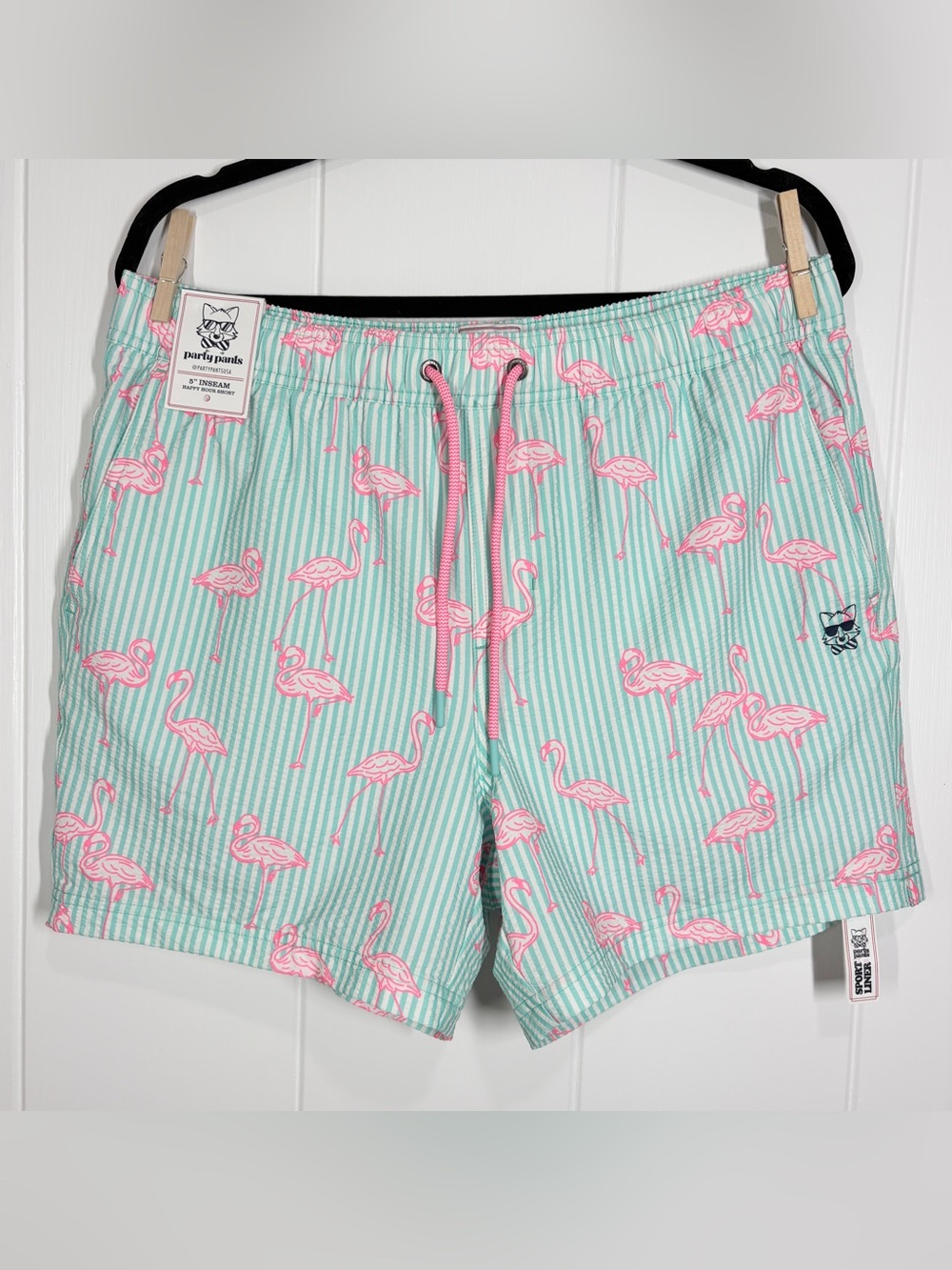 Party Pants Mens Swim Trunks Shorts Striped Seersucker Flamingo Print Size Large